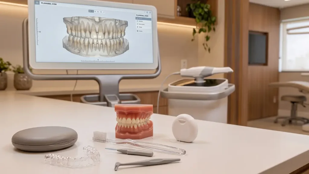imagem de um consultorio odontologico com um tela e uma mesa com protese invalign, protese dentaria 
