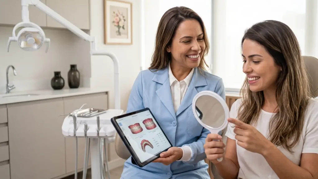 dentista mostrando ao paciente um problema com sorriso gengival em um tablet