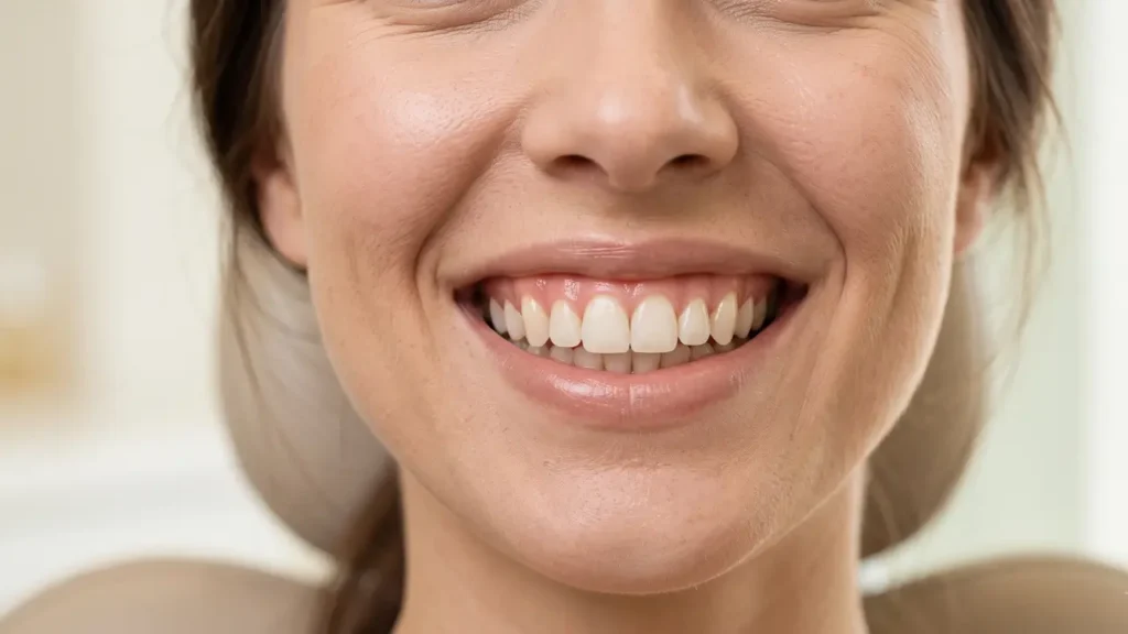 rosto com foco na boca mostrando um sorriso gengival