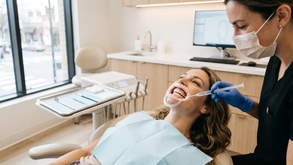 paciente passando por tratamento de clareamento dental