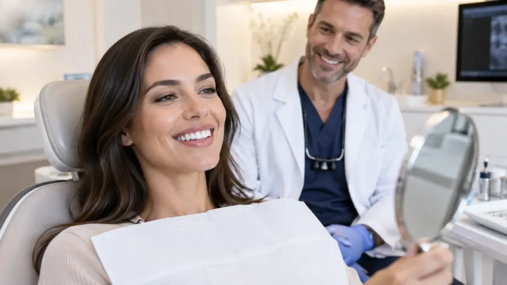 paciente conferindo o resultado do clareamento dental